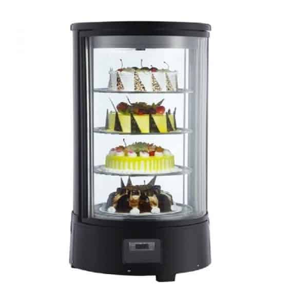 VITRINA PASTELERA REFRIGERDA REDONDA NEGRA. (BEBIDAS, POSTRES Y LÁCTEOS.)